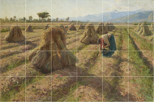 Tile mural with harvest scene, sheaves, peasant woman and mountains